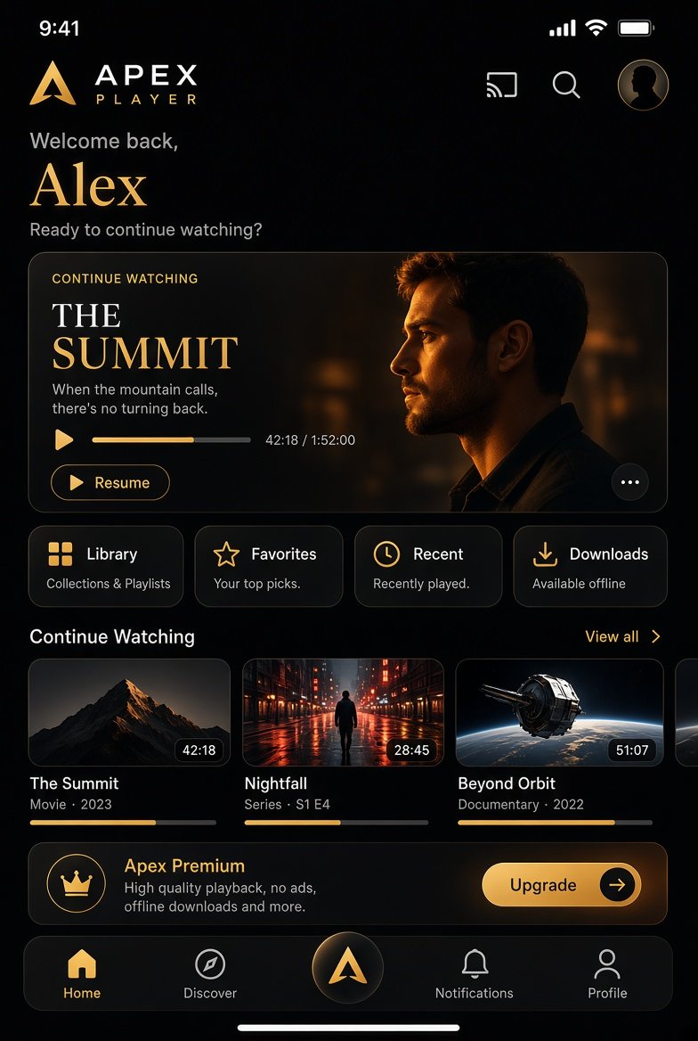 Home screen in the dark theme with continue watching and shortcuts